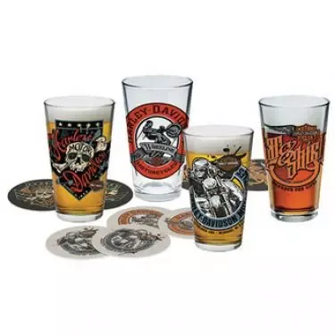 Harley-Davidson 16oz. Free Wheeling Pint Glass Set (4 Glasses)& 8 Coordinating Coasters
