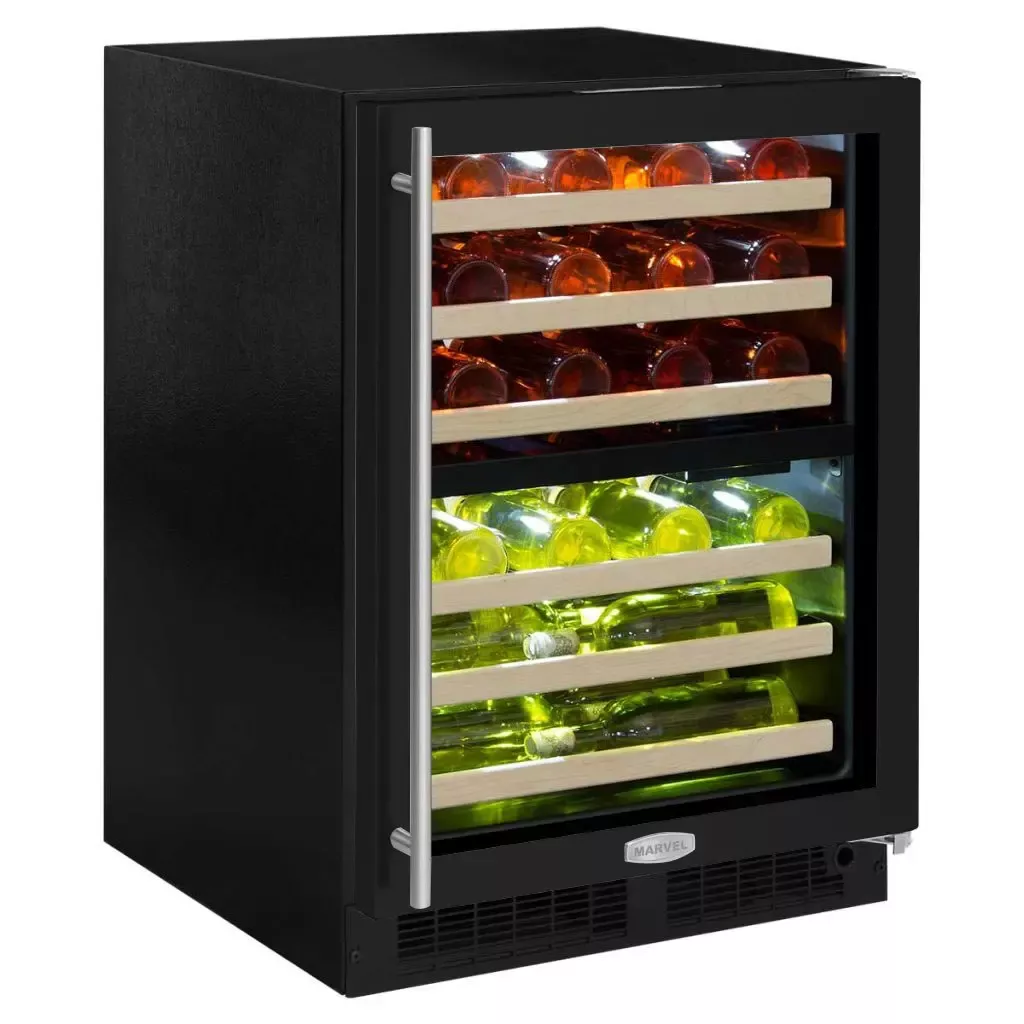 Marvel 44 Bottle Dual Zone Right Hinge Wine Refrigerator with Black Door