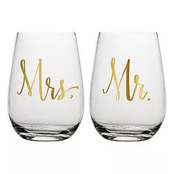 MR AND MRS STEMLESS WINE GLASS SET